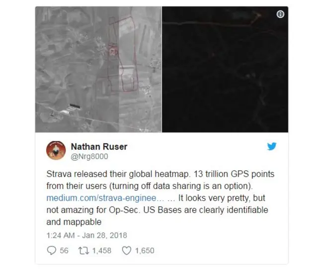 ทวิตเตอร์แจ้งเตือนจากนายเนธาน รูเซอร์ ซึ่งระบุว่าฐานทัพสหรัฐฯ จะถูกหาพบและสามารถทำแผนที่ได้อย่างง่ายดาย