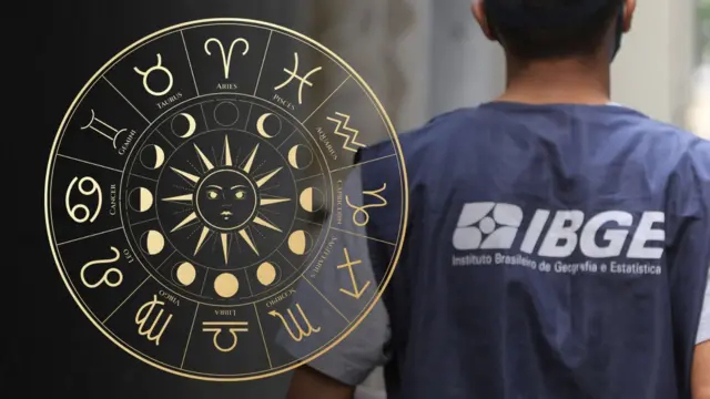 Montagem de fotos mostra um recenseador do IBGE visto de costas, com colete azul do instituto, e uma mandala com os signos astrológicos