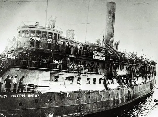 ኣብ ልዕሊ ዓቐን ዝፀዓነት መርከብ ኰይኖም ካብ ኤውሮጳ ዝመፅኡ ኣይሁዳውያን ስደተኛታት ዘርኢ ፀሊምን ፃዕዳን ስእሊ