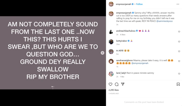 Empress Njamah instagram post on Sammie death