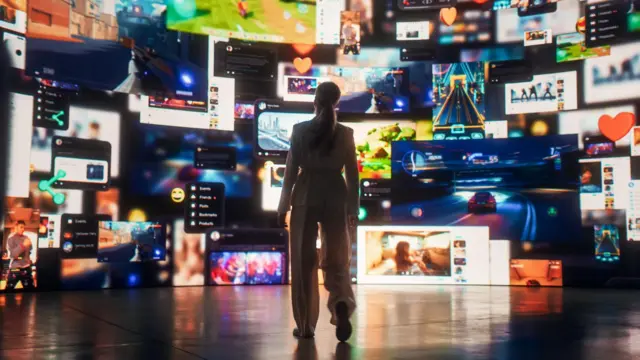 Perempuan melihat sejumlah video AI di layar.