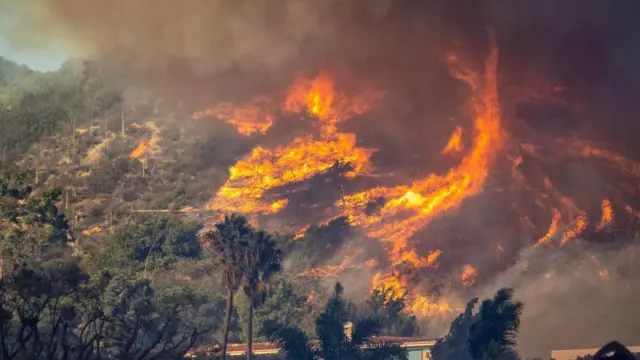 The Palisades fire burns near homes in Pacific Palisades on Tuesday, January 7, 2024