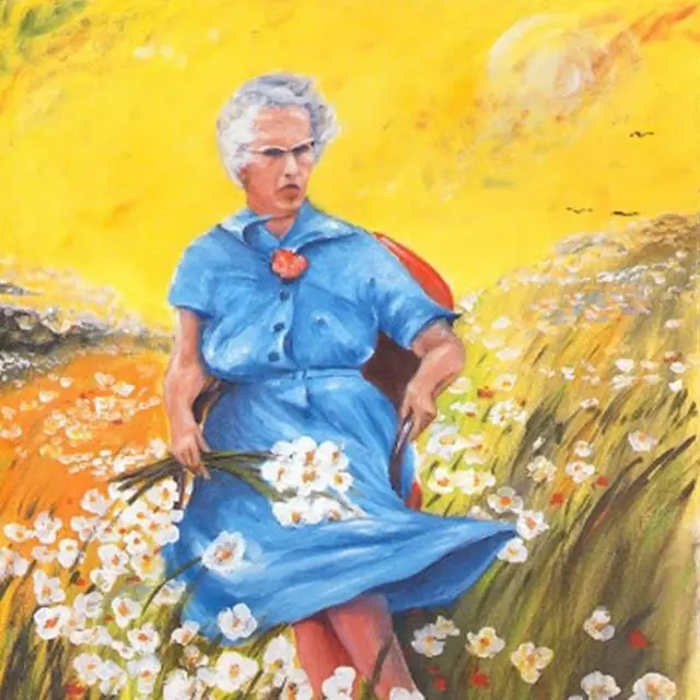 Pintura de uma senhora de vestido azul sobre um campo de flores