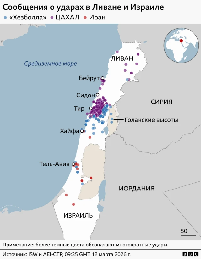 Карта ударов по Ливану и Израилю
