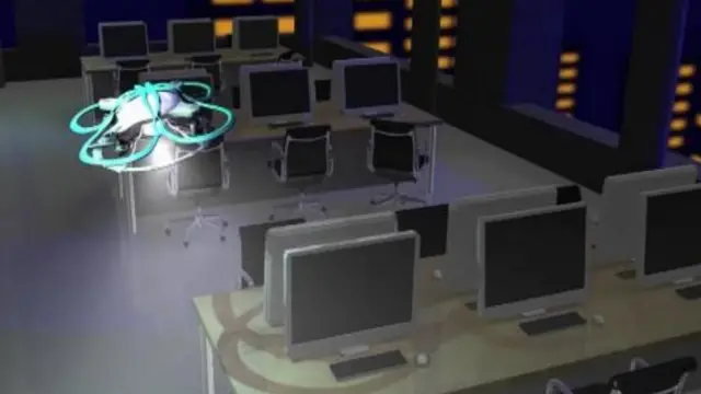 Computer generated image of the T-Frend drone flying across office work spaces