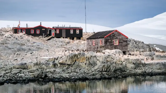 Una vista panorámica de las cabañas y los pingüinos de la isla. Todos están en la roca cerca de la orilla, con icebergs al fondo.