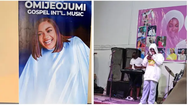 Oloogbe Omije Ojumi lapa osi, akọbi rẹ, Jomiloju lo wa lapa ọtun. Jomiloju n ka ọrọ iwuri nipa iya rẹ to di oloogbe.