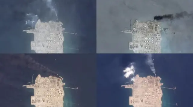 سیٹلائٹ سے لی گئی تصویروں میں ستمبر اور اکتوبر 2022 کے درمیان متحدہ عرب امارت کے سمند کے موجود تیل کے کنویں میں فلیرنگ ہوتے ہوئے نظر آئی