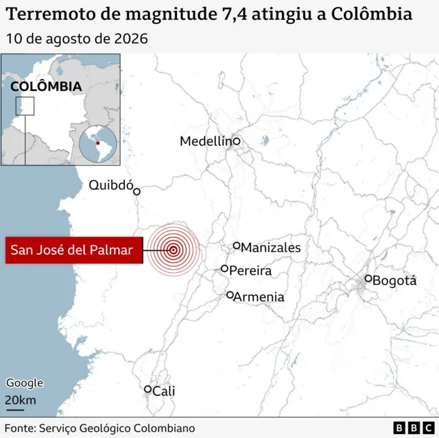 Mapa mostra epicentro do terremoto da colômbia