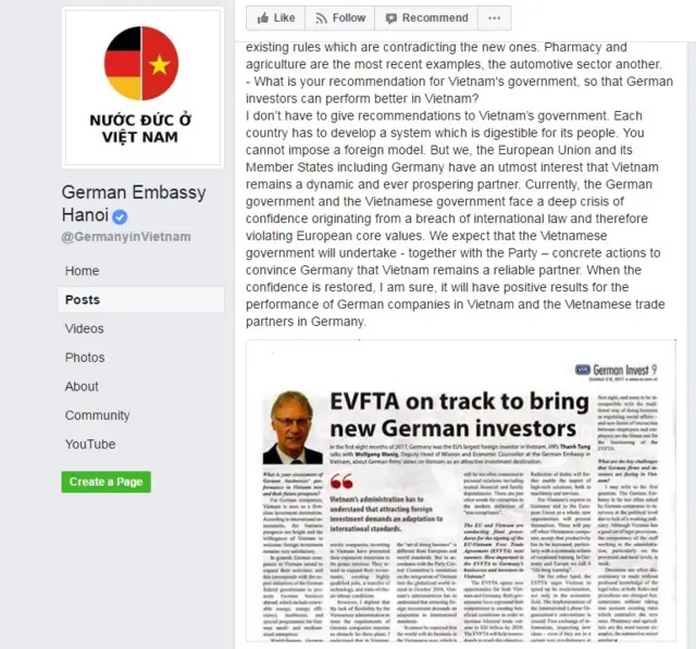 Đoạn cuối bài phỏng vấn ông Phó Đại sứ trên trang Facebook của Đại sứ quán Đức tại Việt Nam