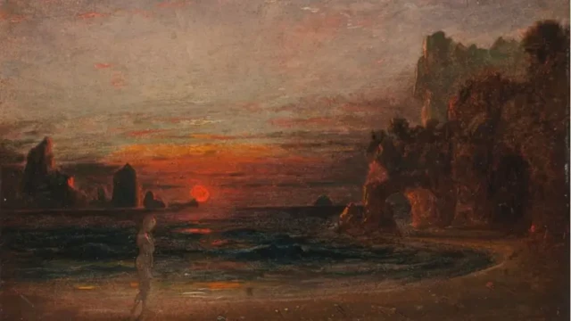 یک نقاشی که غروب را با رنگ‌های تیره و مبهم نشان می‌دهد
