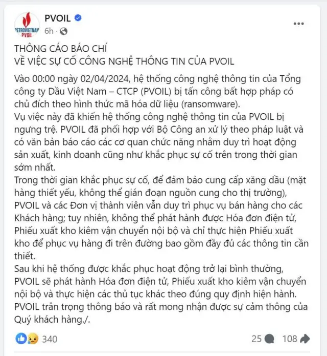 PVOIL thông báo bị tấn công mạng vào ngày 2/4