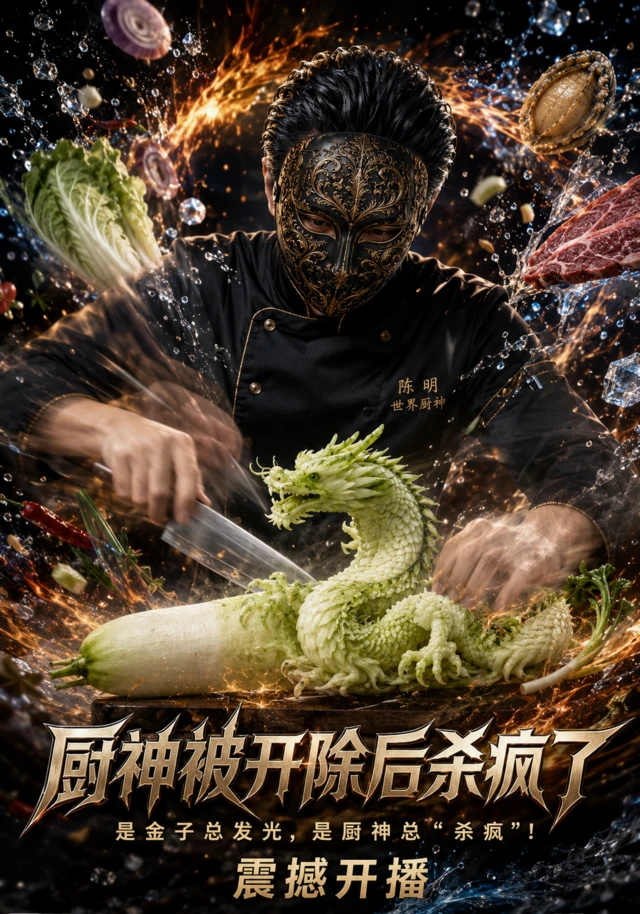 一个男子把白萝卜切出龙的形状，AI短剧海报