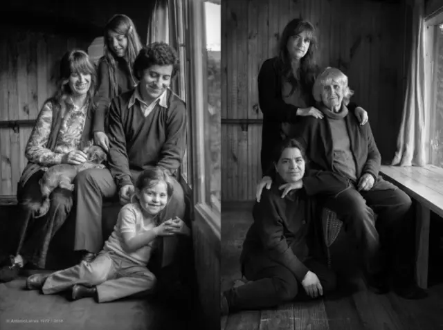 Imagen de una ausencia: Joan y Víctor Jara, con sus hijas Manuela Bunster (hija de Joan y el bailarín Patricio Bunster) y Amanda (en el suelo) en 1972 y la familia sin Víctor en 2018.