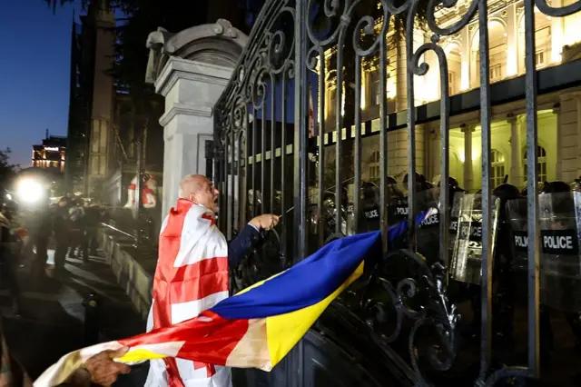Демонстранти біля президентського палацу з грузинськими і українськими прапорами