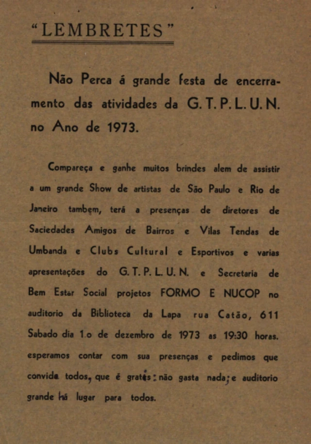 Convite para confraternização de fim de ano do GTPLUN, parte dos arquivos do Departamento de Ordem Política e Social (Deops) sobre o grupo