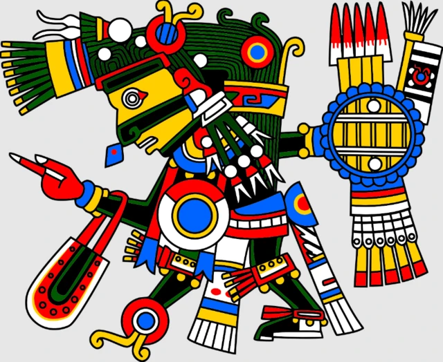 เทพ Tezcatlipoca หรือเทพแห่งการทำนายดวงชะตาของชาวแอซเท็ก มีกระจกออบซิเดียนอยู่ที่ขมับ หน้าอก และเท้า