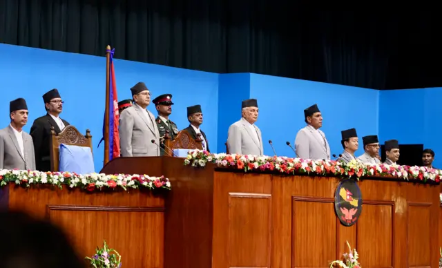 सङ्घीय संसद्‌का दुवै सदनको संयुक्त बैठकमा राष्ट्रपति रामचन्द्र पौडेल, प्रतिनिधिसभाका सभामुख देवराज घिमिरे र राष्ट्रिय सभाका अध्यक्ष नारायणप्रसाद दाहाललगायत