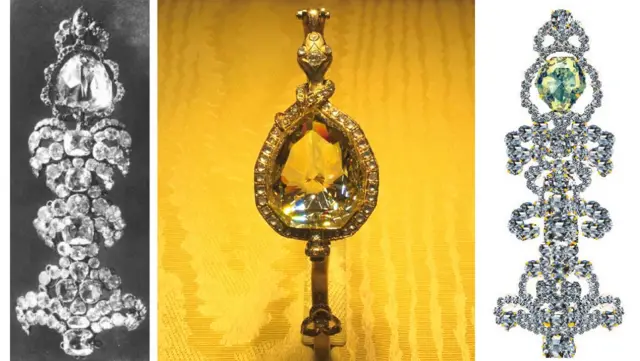 Foto, dibujo y reproducción del diamante Florentino en diferentes monturas. 