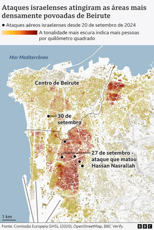 Mapa mostrando a densidade populacionalcopa esporte da sorteBeirute e destacando os locaiscopa esporte da sortealguns ataques israelenses na capital libanesa.