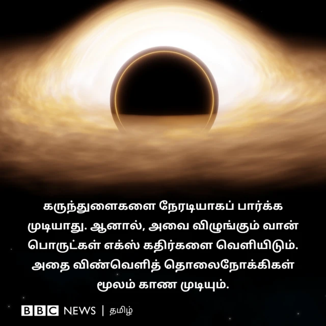 கருந்துளைகளை நேரடியாகப் பார்க்க முடியாது. ஆனால், அவை விழுங்கும் வான் பொருட்கள் வெப்பமடைந்து, எக்ஸ் கதிர்களை வெளியிடும். அந்தக் கதிர்களை தனித்துவமான விண்வெளித் தொலைநோக்கிகள் மூலமாகக் காண முடியும்.
