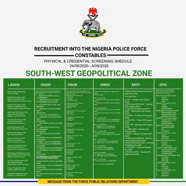 Nigeria police recruitment 2020: NPF screening 2020 update