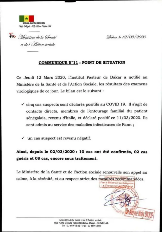 መግለጺ ሚኒስትሪ ጥዕና ሰኔጋል