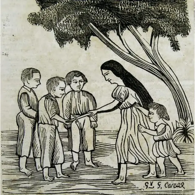Francisca Cabrera y sus cuatro hijos, entregando al mayor de ellos un puñal. (Foto: Grabado de Gregorio Cáceres del Semanario Cabichuí, Año 1 N.º 45, 10 de octubre de 1867 - Colección Hemeroteca Carlos A. López - Biblioteca Nacional – SNC)