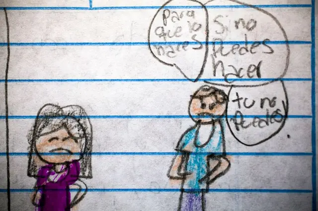 Uno de los dibujos de los niños del Centro Educativo Dr. Bloem en Sacoj Mixco y la escuela oficial del asentamiento La Paz en Villa Nueva de Guatemala sobre violencia.