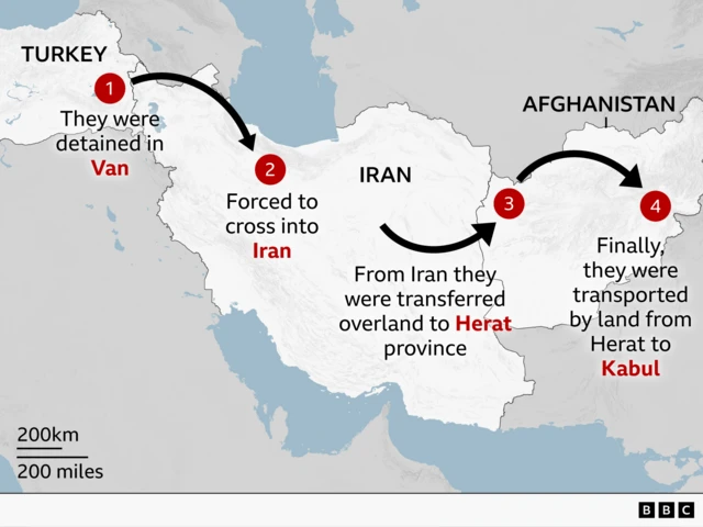 A BBC map shows the migrants' journey from Van, the closest Turkish city to the Iranian border, to Afghan capital Kabul. Please put your translation of all words in here for people who are sight impaired.