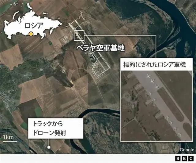 ベラヤ空軍基地の位置と、基地のロシア軍機を標的にしたドローンが発射された位置