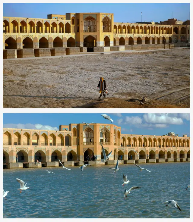 18 Aralık 2020'de kuşların uçtuğu Khaju Köprüsü'nün kemerlerinden akan Zayandeh Rud Nehri (altta) ancak son zamanlarda nehir kurumuş durumda; 14 Aralık 2021'de kurumuş nehir yatağında yürüyen bir kadın (üstte)