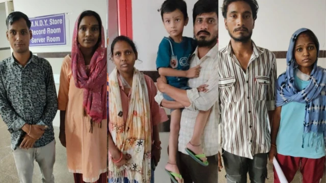 पीड़ित महिलाओं की तस्वीर में बाएं से दाएं - धन्ली सुमन अपने पति मोहन लाल सुमन के साथ, आरती चौबदार अपने पति चंकू चौबदार के साथ, पिंकी एरेवाल अपने पति नरेश एरेवाल के साथ