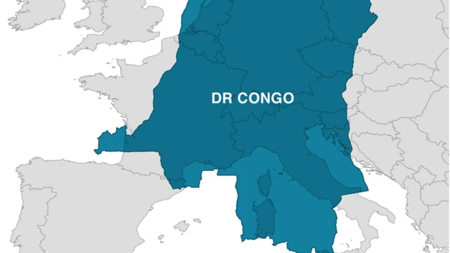 Map of DR Congo over Western Europe