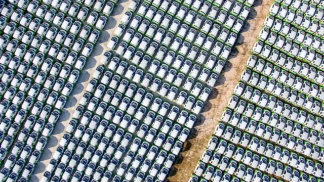 Aerial view of electric cars lining up in Huzhou, Zhejiang