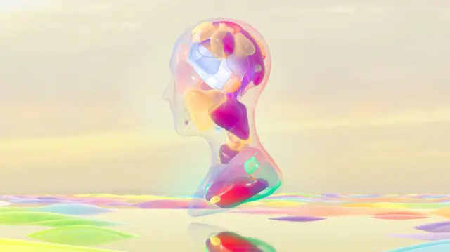 صورة رقمية مولدة لرأس مجرد مصنوع من أشكال دائرية متعددة الألوان يقف فوق منظر طبيعي متعدد الألوان.