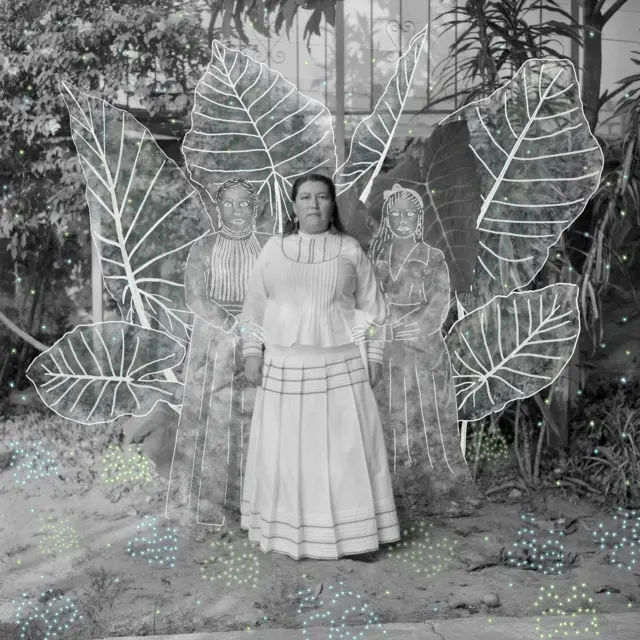 Una fotografía de una mujer de la comunidad indígena yalalteca, México, con una superposición de ilustración digital.
