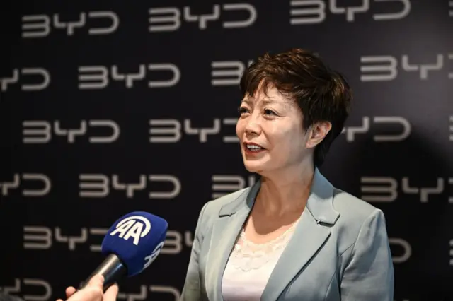 BYD'nin başkan yardımcısı ve BYD Americas'ın CEO'su Stella Li, 10 Temmuz 2024 tarihinde İstanbul'daki Four Seasons Oteli'nde AA mikrofonuna röportaj verirken.
