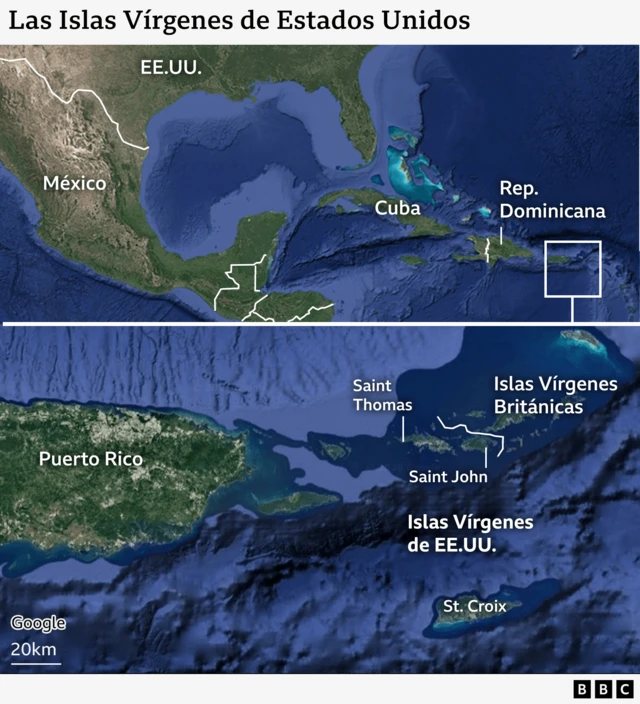 Dos imágenes que muestran la ubicación de las Islas Vírgenes de Estados Unidos en el Caribe. La segunda muestra más en detalle su cercanía a Puerto Rico. 