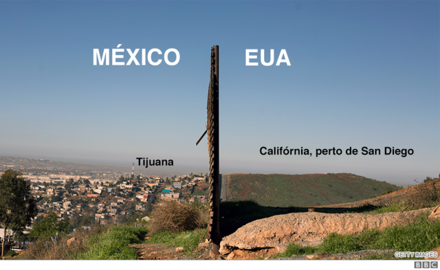 Imagem da barreira que existe atualmente na fronteira entre os EUA e o México