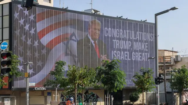 Outdoor em Tel Aviv, em 6 de novembro, parabenizando Donald Trump pela vitória na eleição. Outdoor retrata bandeiras dos EUA e de Israel, Trump e as palavras: "Parabéns! Trump, faça Israel grande!"