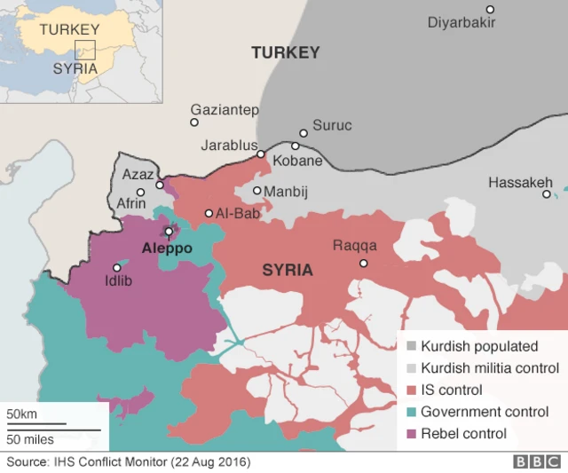 シリアの最新の勢力図(赤:IS、緑:政府軍、紫:反政府勢力、灰色:クルド人勢力)