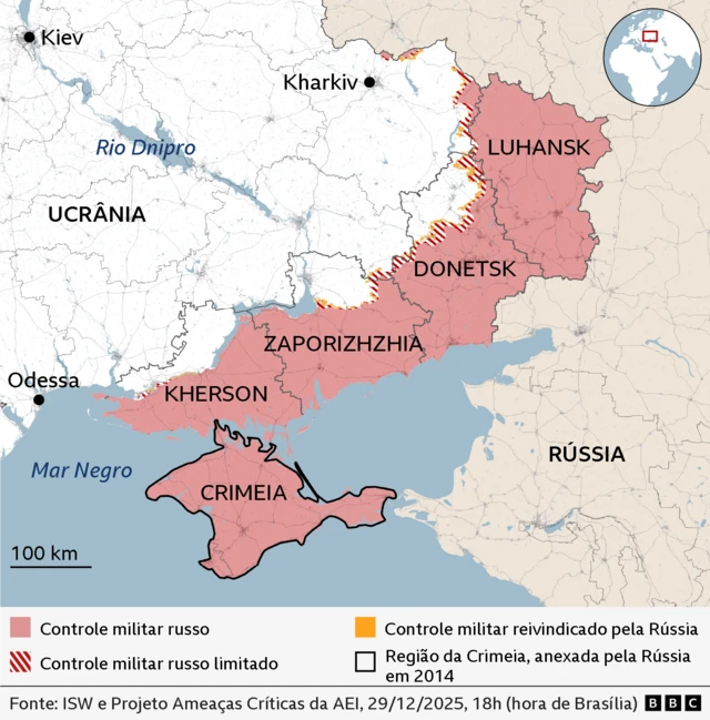Mapa mostrando a ocupação russa no leste da Ucrânia