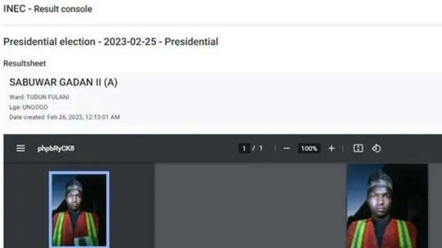  Picha ya mtu asiyejulikana, akiwa amevaa kile kinachoonekana kama fulana ya wafanyikazi wa uchaguzi wa INEC, inaonekana ambapo matokeo yanapaswa kuwa.