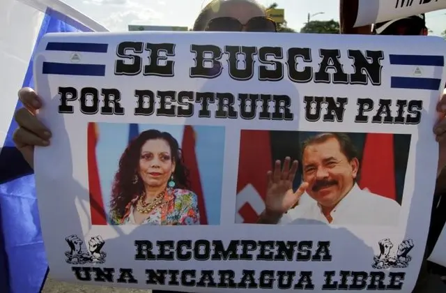 Manifestantes con carteles contra Ortega y Murillo.