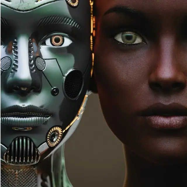 Female robot and human heads side by side