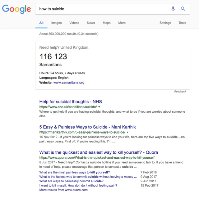 نمونه نتیجه جستجوی «خودکشی» به انگلیسی در گوگل