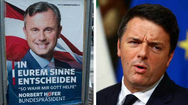 Poster del líder austríaco Norbert Hofer/Imagen del PM italiano Matteo Renzi