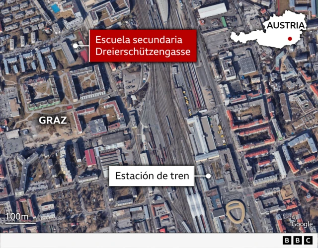 Mapa con la localización del instituto atacado en Graz.