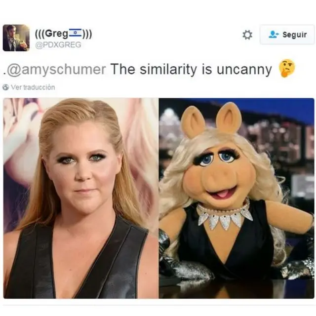 "La similitud es asombrosa", dice un tuit donde aparecen imágenes de Amy Schumer y Miss Piggy de "Los Muppets".